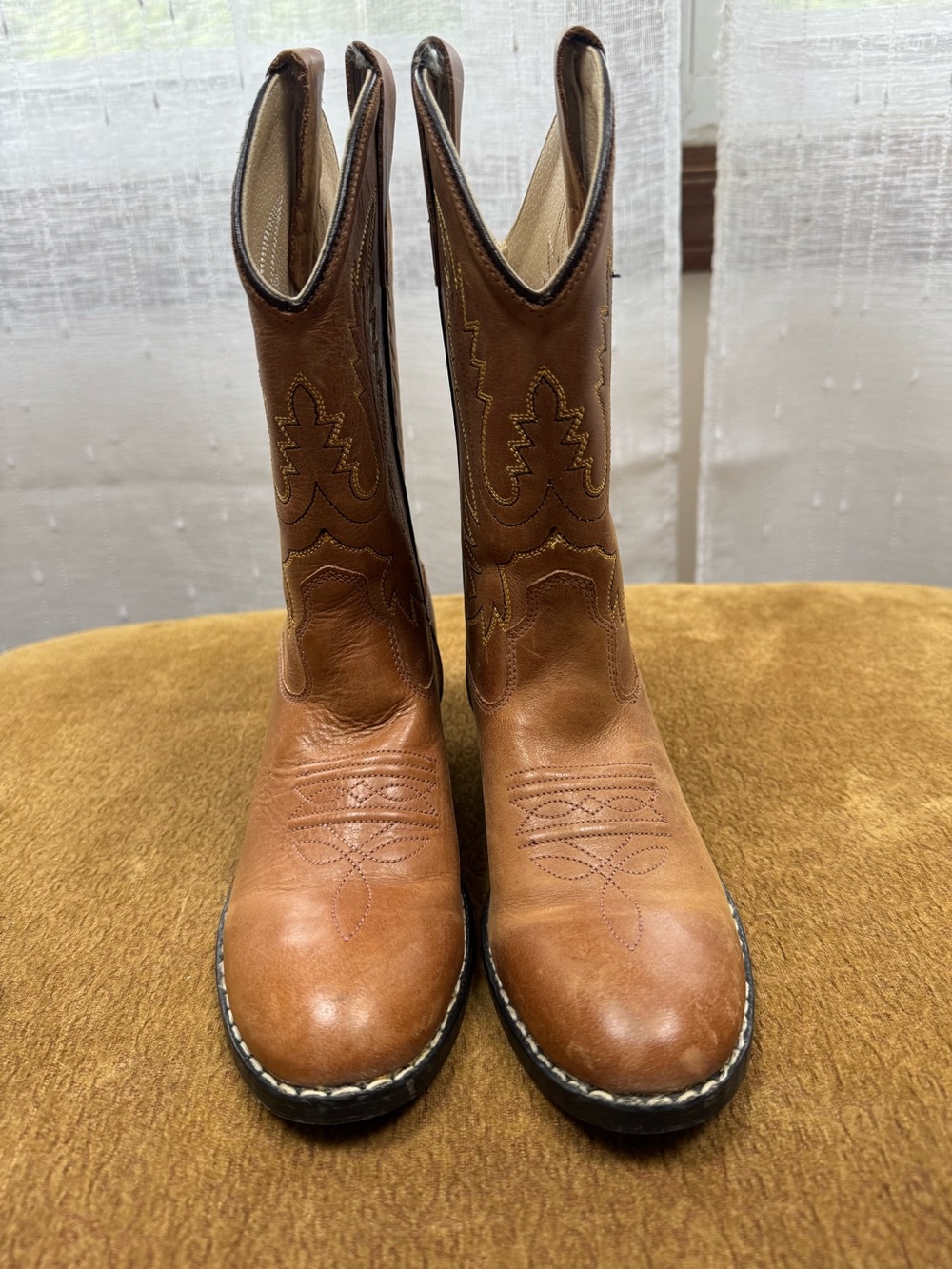 Classic Kids Old West Sz 2 Tan Leather Cowboy Boots